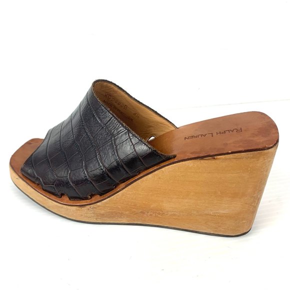 RALPH LAUREN Brown Embossed Leather Wooden Wedge Slip On‎ Sandals - Picture 3 of 9